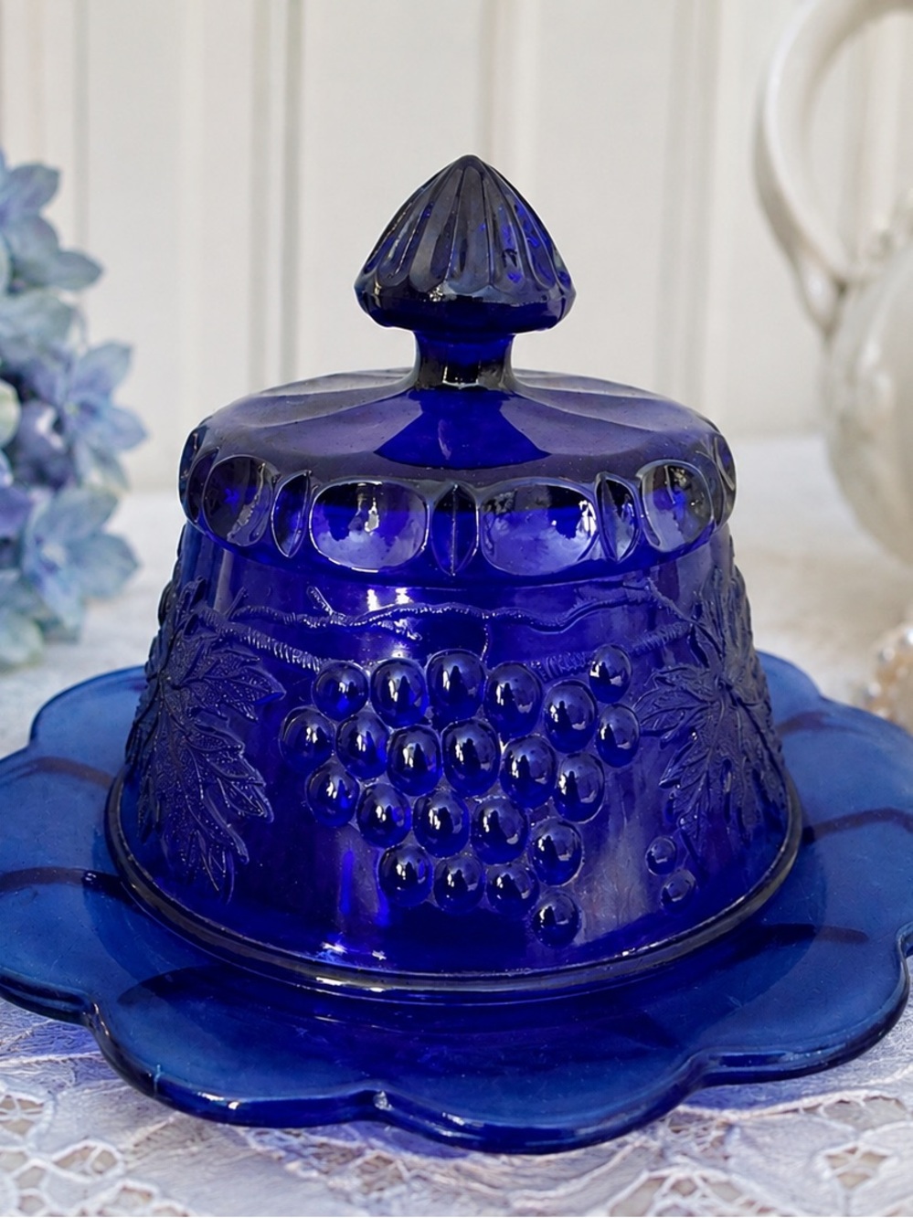 Cobalt Blue Pressed Glass Covered Butter Dish - Elegant Home Dining
